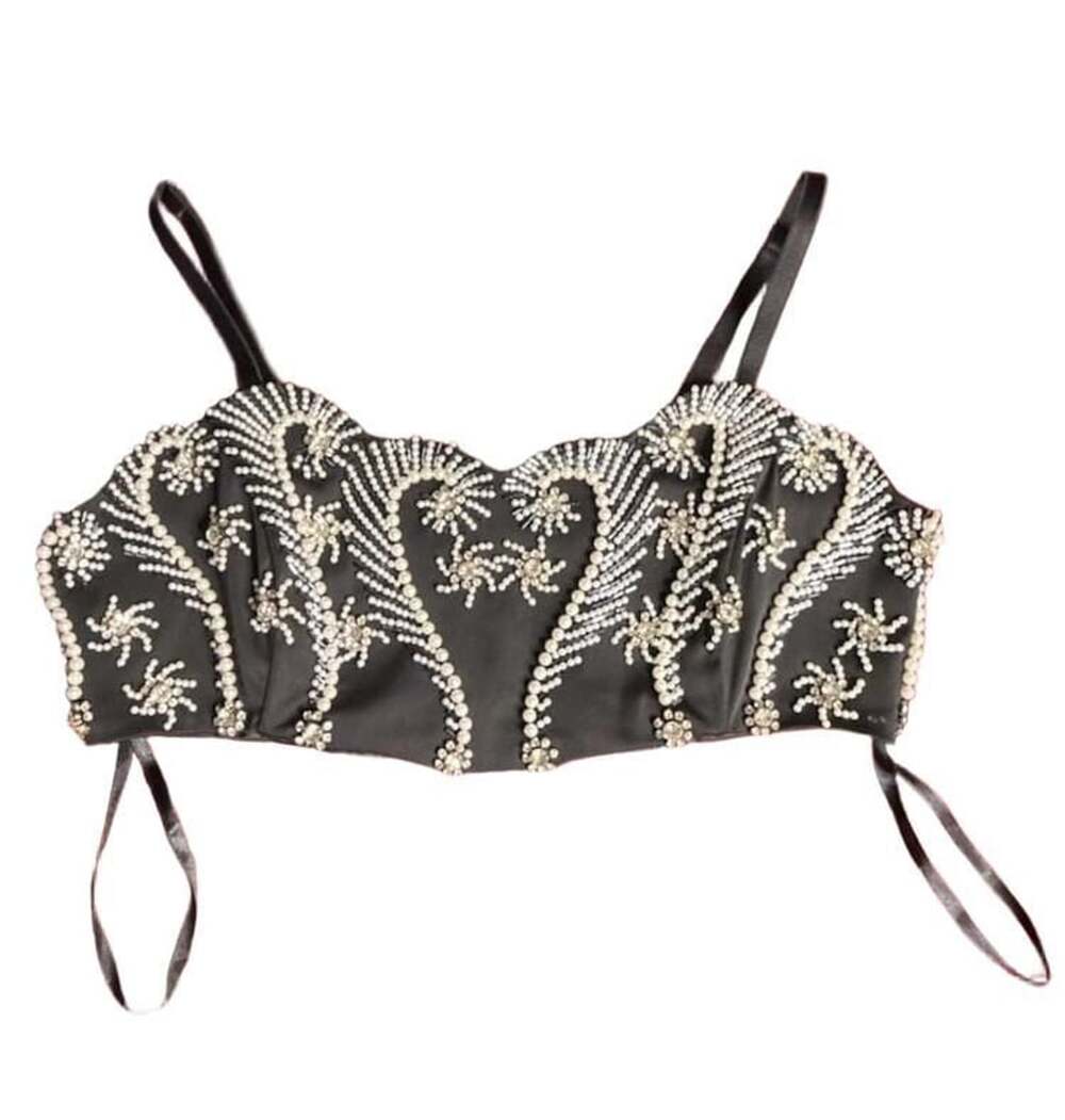 Express Beaded Pearl Crystal Crop Top Size 7/8 Black Rhinestone Bralette
